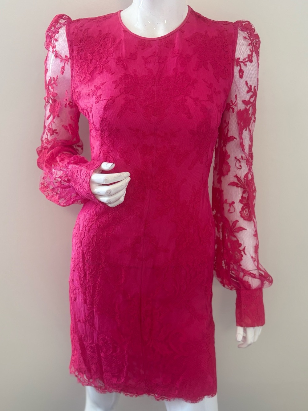 Alexander McQueen Fuchsia Pink Floral Lace Mini Dress Sheer Balloon Sleeves 40